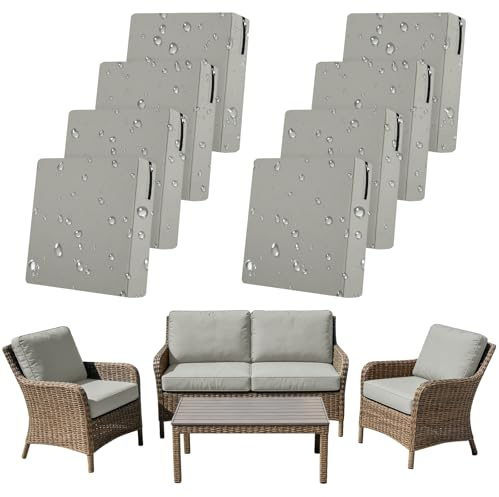 SYLC 8Pcs Outdoor Cushion Covers Waterproof Patio Cushion Covers Replacement with Zipper, Garden Rattan Sofa Seat Slipcovers Furniture Protector (Light grey,4pcs 60×55×10cm＋4pcs 55×50×10cm)