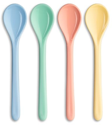 Koziol NORA SPOON S & L Löffel 4er-Set | farbsortiert | Kaffeelöffel, Frühstückslöffel, Dessertlöffel | biozirkulärer Kunststoff, wiederverwendbar, bruchsicher, spülmaschinengeeignet