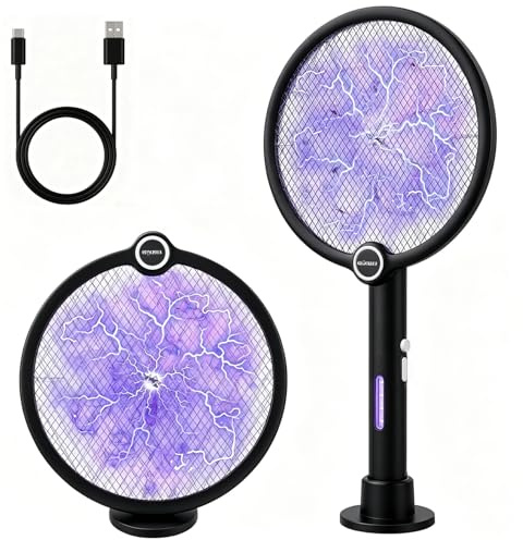Gluckluz Raqueta Mosquitos Eléctrica, Matamoscas Electrico Recargable con USB Base, Antimosquitos Eléctrica con Luz Ultravioleta para Matar Mosquitos, Batería de 1800mAh(1, Negro)