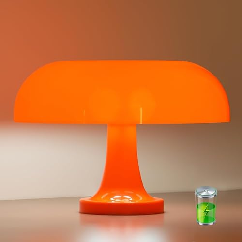OOWOKS Pilz Tischlampe Orange Kabellos LED Dimmbar mit Touch Tischlampe Pilz Akku Wiederaufladbar Pilzlampe Orange 1800mAh USB-C Vintage Lampe mit 3 Farbtemperaturen für Schlafzimmer Wohnzimmer