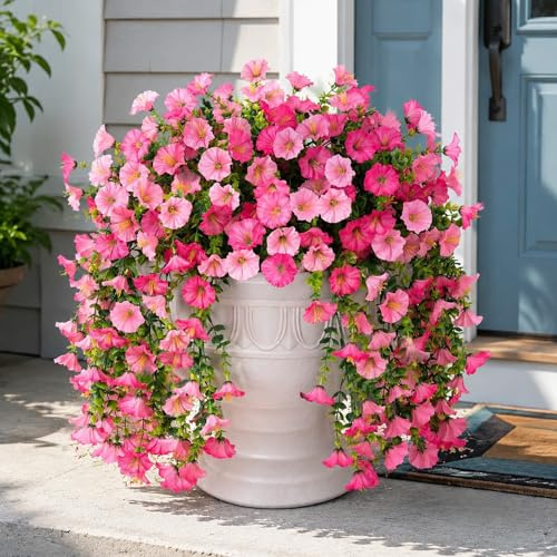 Jadeunm 4 Pack Artificial Hanging Flowers Outdoor,Fake Hanging Plants | UV Resistant Faux Pink Petunias Trailing Flowers for Garden Porch Patio Wall Home Decor