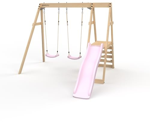 Plum Play Tamarin Wooden Garden Double Swing and Slide Childrens Outdoor Climbing Frame - 3 Years Plus - Max User 50kg per Accessory (Pink)