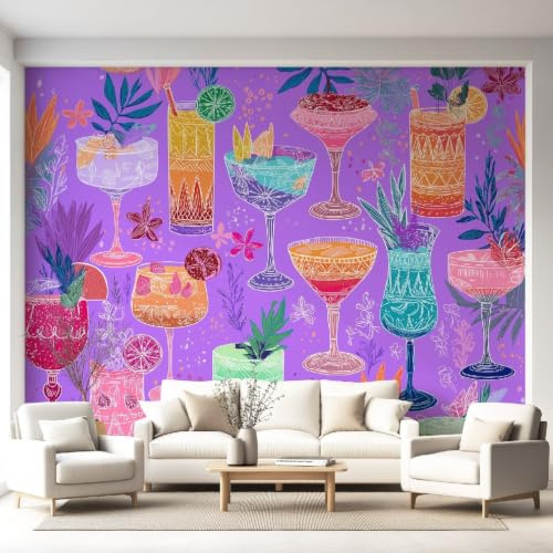 Papier Peint Panoramique Moderne Cuisine Boisson Tropical 250 x 175 cm - Décoration Murale Cocktail Feuilles de Palmier Violet - Tapisserie Murales Papier Peint Intissé - Poster Tableaux Photo Muraux