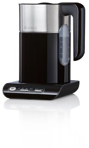 Bosch Hausgeräte TWK8613 Styline - Bollitore elettrico in plastica con inserti in acciaio INOX, 1,5 l, 2000-2400 Watt max), colore: Nero/Argento