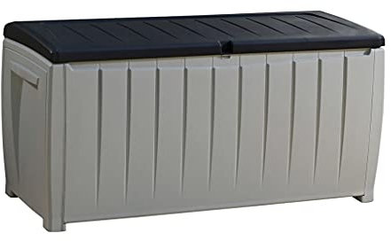 Keter Novel Kissenbox 340L - Wetterfeste Aufbewahrungsbox mit Sitzbank - Gartenbox für Auflagen und Kissen - 124x55x62,5cm Grau/Schwarz