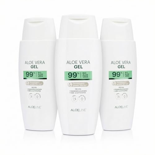 ALOE Line Bio Aloe Vera Gel 99%, vegan, After-Sun-Pflege für Haut und Haar, 3 x 150 ml, feuchtigkeitsspendend, beruhigend, regenerierend, ohne Duft- und Farbstoffe, für empfindliche Haut