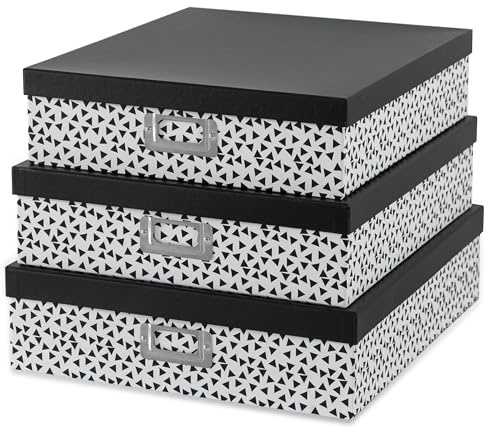 Soul & Lane Decorative Storage Boxes With Lids, Set of 3 Nesting Black and White Letter and Document Box Set for Photos, Scrapbooks, Keepsakes (Whimsical Triangles)