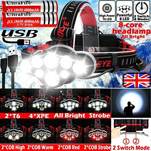 Linterna frontal LED, SUNWAN - Linterna frontal súper brillante de 350000lm, linterna impermeable recargable USB ajustable con 8 bombillas y 8 modos