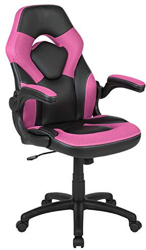 Flash Furniture X10 High-Back LeatherSoft Racing Style Gaming Chair with Flip-Up Arms, Ergonomic Padded Swivel Computer Chair, Pink/Black