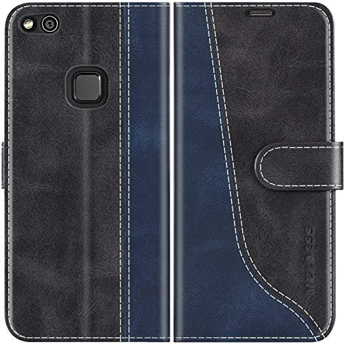 Mulbess für Huawei P10 Lite Hülle, Handyülle Leder mit Kartenfach, Klapphülle mit Magnetverschluss, Flip Case Etui Handytasche Schutzhülle, Stilvoll Schwarz