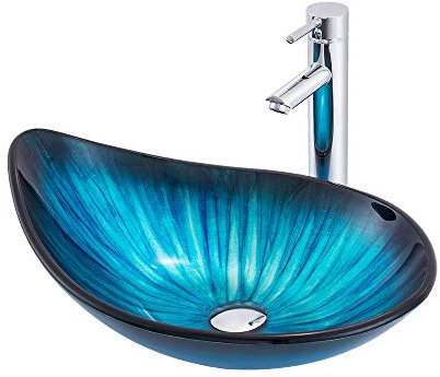 HomeLava Modern Glas Waschbecken Aufsatzwaschbecken unregelmäßige Form aus gehärtetem Glas Handwaschbecken mit Waschtischarmatur Chrom für Badezimmer 55 x 38 x 17 cm