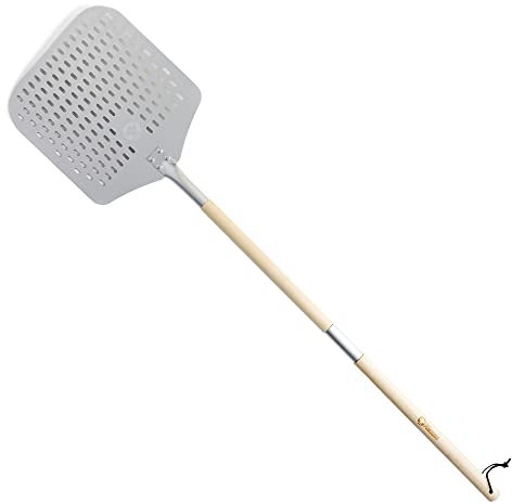 Chef Pomodoro Perforierter Pizzaschieber aus Aluminium, 30,5 x 35,6 cm, abnehmbarer Holzgriff, 124 cm langer Ausziehgurt, Gourmet-Luxus-Pizzaschieber zum Backen von