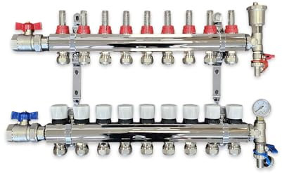 Wärmer System 9 Port Underfloor Heating Complete Manifold with Pipe Connections, Ball Valves, Automatic Air Vent and Pressure Gauge End Unit (16mm eurocones)