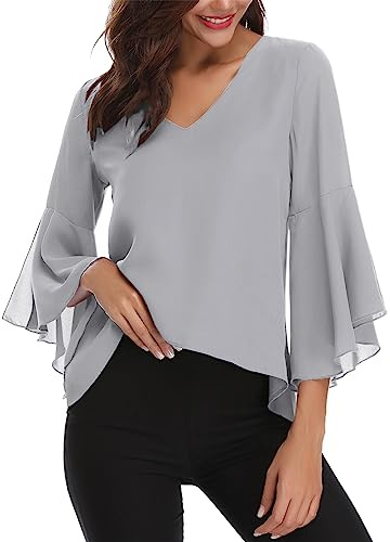 Gyabnw Blusas de Gasa para Mujer Elegante 3/4 Manga Cuello V Camisa Chiffon Acampanadas Ligero Tops para Primavera Verano Otoño