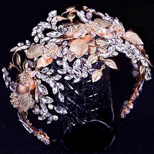 Haarschmuck Blumen Hochzeit Kopfschmuck Gold Braut Haarreif - Brautschmuck Haare aus Strass Chic Hochzeitsschmuck Geschenk für Brautjungfern Mädchen Damen (lang 40cm/15.7inch), Gold