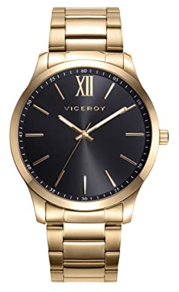 Viceroy Reloj Analógico Hombre de Acero Inoxidable - 43 mm - Movimiento de Cuarzo - Esfera Negra - Acabado Dorado - 401185