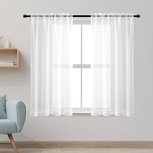 XTMYI Short Curtains, 48 Inch Length 2 Panels, Rod Pocket Sheer Small Curtains for Kitchen, Bathroom, Bedroom, Bay Window, White