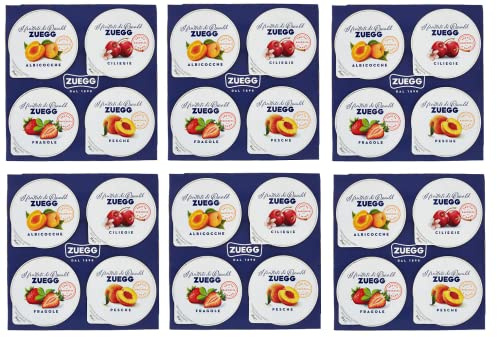 6x Zuegg Monoporzioni Lot de 6 confitures en portions individuelles 4 saveurs différentes : abricot – pêche – cerise – fraise 100 g (4 x 25 g) tartinades de fruits