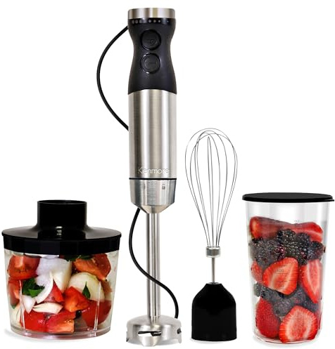 Kenmore Hand Blender 4-in-1 Immersion Blender Handheld Stick Blender Electric Stainless Steel Quad Blade Food Chopper Whisk 700mL Beaker Lid Variable Speed Hand Blenders for Baby Food Smoothies Soup