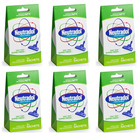 Neutradol Super Fresh Vac Sacs Deodorizer - Pack of 6 - (Total 18 Sachets) - Vacuum Hoover Air Freshener - Eliminates Odours For Cooking, Smoking, Pet, Waste (Lemon) - Plus Free Cheeroo Magnet