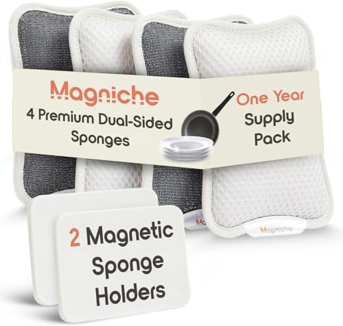 Premium Magnetic Sponge System - Dual-Sided Design for Kitchen Cleaning, Dishwasher Safe, 4 Dish Sponges +2 Magnetic Holders - Combo Pack