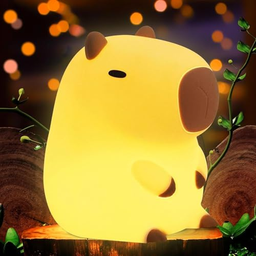 Pipihome Luz Nocturna Infantil, Capibara Lampara Kawaii, Capybara Luz Quitamiedos, LED Táctil Lámpara de Silicona Portátil, USB Recargable Lamparitas Mesita Noche para Niños Dormitorio