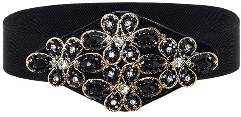 Wriidy Stretch-Gürtel mit Strass, schwarz, breit, für Damen, elastisch, Blumen-Taille, Schmuckzubehör für Kleid, Schwarz, 37 inches