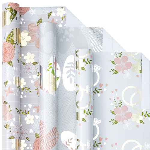 Holijolly Geschenkpapier Rolle - Minirolle - Blume/Herz und Ring mit Metallic-Folie Design für Hochzeit, Verlobung, Brautparty - 43.2 CM × 3 M, 3 Rollen (42.5 sq.ft.ttl.)