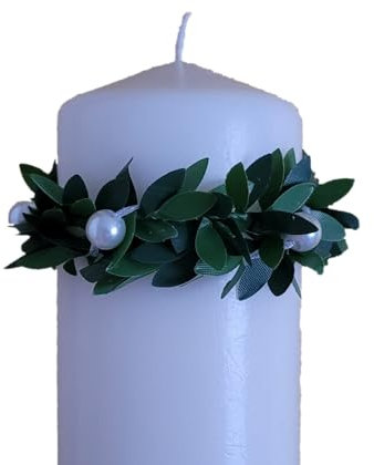 Kerzenring mit Perlen Kerzenrock Tropfenfänger Buchsbaum Tropfschutz Hochzeit Taufe Kommunionkerze Taufkerze Konfirmation Kommunion weiß für Kerze 4-8 cm Adventskranz