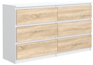 MebLocker byrå med 6 lådor 120 cm, perfekt för vardagsrum, sovrum, barnrum, ungdomsrum och kontor, modern elegant lösning för snygg förvaring och organisering (vit Sonoma-ek)