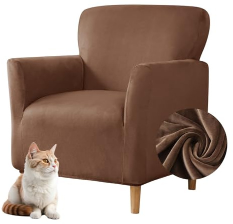 Highdi Stretch Sesselbezug Samt Sesselhusse Sesselschoner rutschfest mit Armlehnen, Sofa Überzug 1 Sitzer Sesselüberwurf für Relax-Sessel, Cocktailsessel, Clubsessel, Universal (Braun)