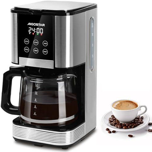 Aigostar Cora - Cafetera de goteo, Programable 24h, 1,5L, Pantalla LCD, Cafetera filtro 14 tazas, Acero inoxidable, 1000W, Ajuste de intensidad, Antigoteo, AutoLimpieza, Mantenimiento de calor, Negro
