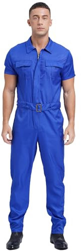 Fldy Herren Arbeitsoverall Kurzarm Jumpsuit Handwerker Arbeitsschutzanzug Elastischer Taille mit Gürtel Und Muti-Taschen Blau_A S