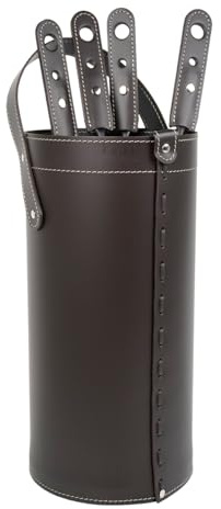 LIMAC Design CIARY - Juego de hierros de chimenea con mango de cuero, bolsa portaobjetos moderna de cuero, herramientas de chimenea, bolsa para hierros, fabricada en Italia, marrón oscuro