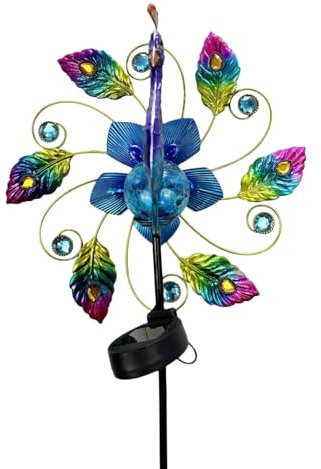 Molinillo de viento, forma de pavos reales, decoración al aire libre alimentada por energía solar con brillo luminoso, molinillos de viento al aire libre para patio, jardín, decoración de césped