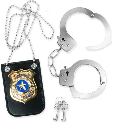LINYIJOY Handschellen Kinder Polizei Zubehör Set, Polizeimarke Abzeichen Polizei Handschellen, Kinder Polizei Set Handschellen Set, Polizeiabzeichen Accessoires für Cosplay Kostüm Spielzeug