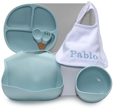 Regalo ecologico personalizzato per bambini | stoviglie in silicone e bavaglino ricamato con nome + biologico | fatto a mano in Spagna (Blu | Set di Piatti + Bavaglino) | BebeDeParis