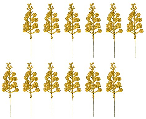 LSFYYDS Plettri Natalizi Finti Glitter Artificiali Ornamenti con Stelo di Bacche Dorate Foglie di Agrifoglio Oro Artificiale Plettri di Bacche Steli per Ghirlande di Alberi di Natale (24