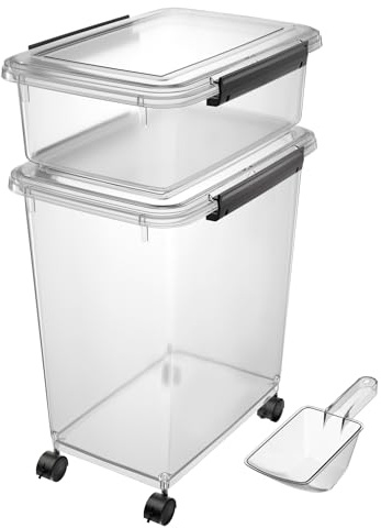 Cetomo Hundfoderbehållare, lufttät foderbehållare med hjul, silikontätning och snäppförslutningar, plastfoderbehållare med lock för hundar, klar, 10 l 32 l, 3,5 kg + 12 kg (1 spade)