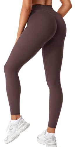 ZAAYO Damsportleggings scrunch workout leggings kompression rumplyft mitten hög midja 60 cm sömlösa V-rygg yogabyxor, Plommon brun, M