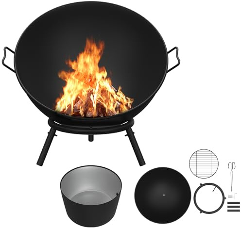 Froadp Brasero redondo de acero de 60 cm con rejilla de madera y accesorios, resistente a la intemperie, para jardín, terraza, camping, fácil de montar