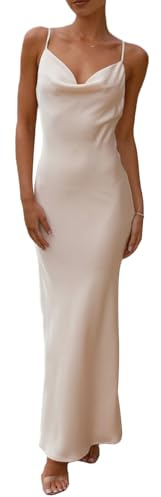 Barbotimer Satin Kleid Damen Lang Ballkleider Sexy Spaghetti Abendkleider Cami Bodycon Kleid Enges Brautkleider Ärmellos Langes Kleid Festlich Party Cocktail Hochzeit Abschluss Maxikleid (Weiß, S)