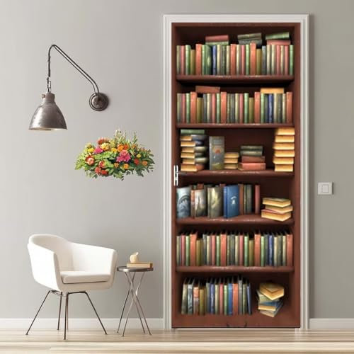 Türfolie Selbstklebend 3D Türaufkleber Antike Bücher Bücherregale Türtapete Selbstklebend Türposter 90X200 Türtattoo Poster Tapete Abnehmbar Fototapete für Wohnzimmer Schlafzimmer Küche Bad -MT1480