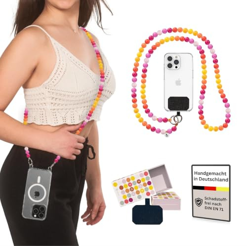 beadstars Mobiltelefonkedja pärlor lång inkl. patch– handgjorda i Tyskland | Längder 120 cm, 130 cm, 140 cm | kompatibel med iPhone, Samsung | Presentidé för vardag, resor och festivaler, solnedgång