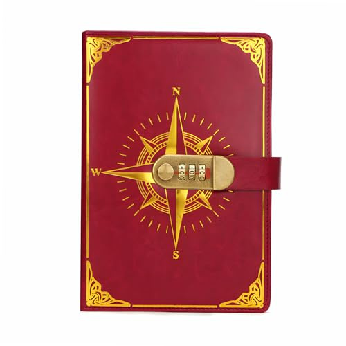 Regerly Tagebuch mit Schloss, 1 Stück Notizbuch mit Schloss A5 Pu Leder Reisetagebuch mit Code 200 Seiten Tagebuch mit Code Vintage Reading Journal für Frauen & Männer