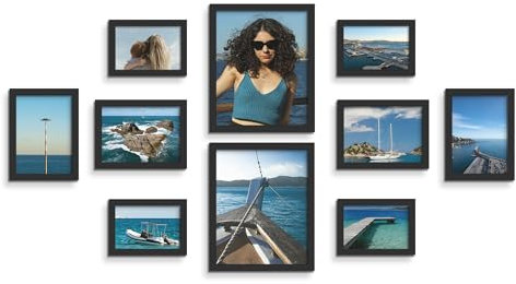 Tinkeps Set of 10 Black Photo Frames Multiple Pictures, Engineered Wood and Plexiglass, Picture Frames with Two 8x10, Four 5x7, Four 4x6 Frames, Hanging or Tabletop Display