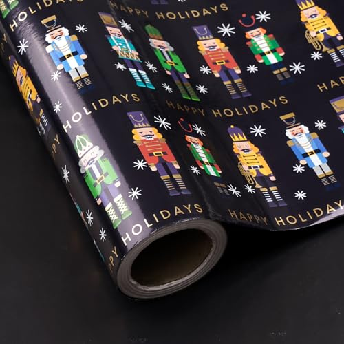 RUSPEPA Papier Cadeau De Noël Réversible Motif Casse-Noisette - Mini Rouleau - 43,2 Cm X 10 M - Papier Cadeau Noir Métallisé Motif Casse-Noisette Pour Noël Et Les Fêtes