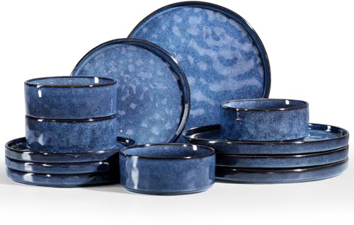 Homikit 12 Piece Dinner Sets, Reactive Glaze Plates and Bowls Set for 4 People, Elegant Dinnerware Stoneware for Kitchen Dinner Camping, Scratch Resistant, Dishwasher & Microwave Safe, Nebulas Blue