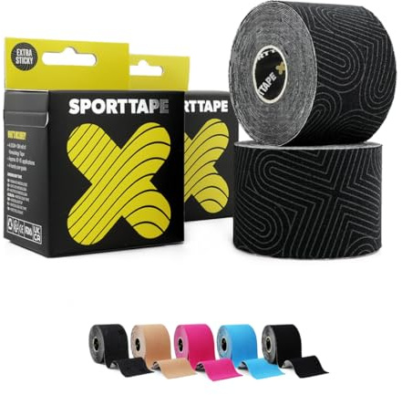 2 Rouleaux SPORTTAPE Bande de kinésiologie extra adhésive - Platine (5 cm x 5 m) | Bande de sport hypoallergénique et imperméable | Bande médicale et de physiothérapie pour blessures musculaires