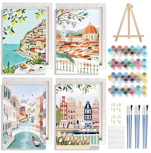 NAIMOER 4 Pièces Voyage en Ville Peinture par Numéros pour Adulte avec Cadre Chevalet, Paysage Peinture Numéros Enfants, Cadeaux Décoration Maison 20x30cm